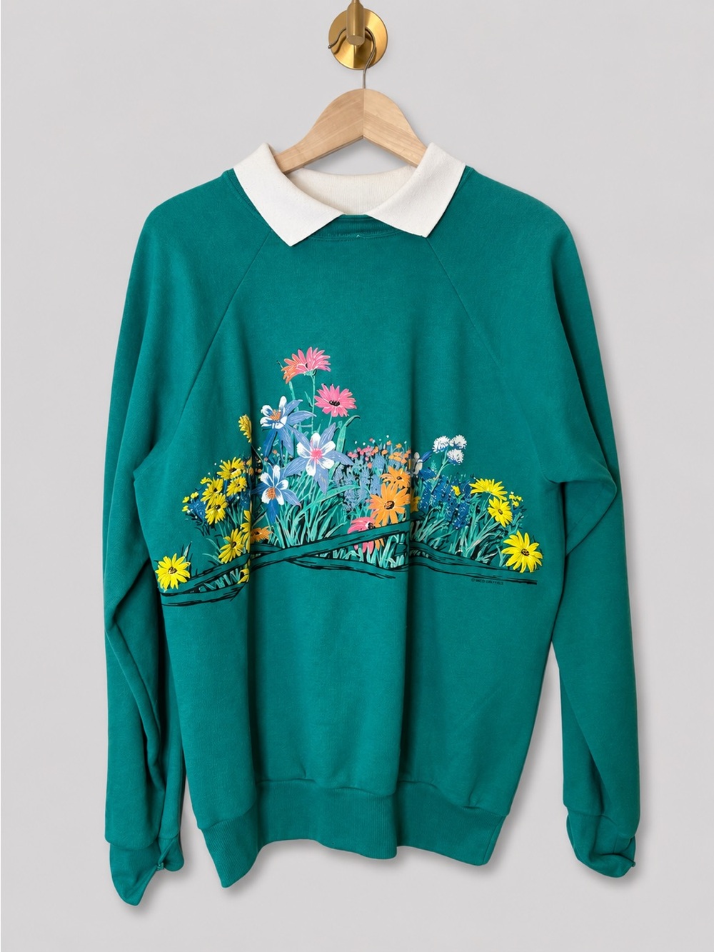 Vintage Floral Garden Sweatshirt Teal Green Collared Pullover Cottagecore